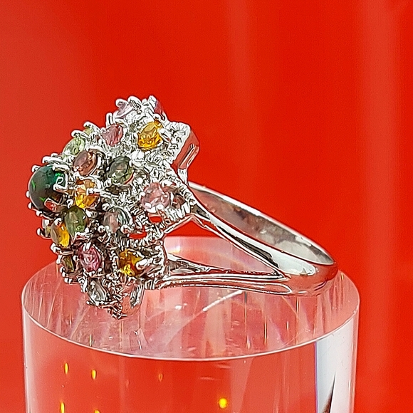 Natural Fire Opal & Tourmaline 925 Sterling Silver Ring Sz 7.5 - Picture 9 of 14